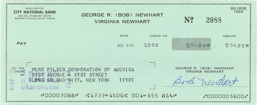 1973 Bob Newhart Signed City National Bank Check Dated August 9, 1973 (JSA)
